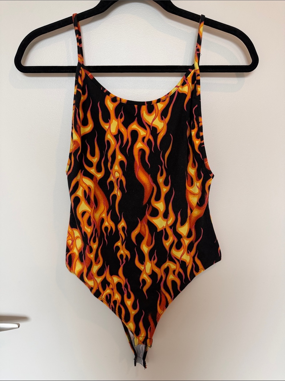 Bear Dance Flame-Print One-Piece Body Suit - Black, Orange & Yellow, Size L